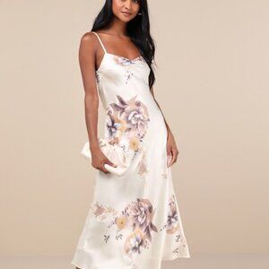 Lulus Certified Stunning Beige Satin Floral Lace-up Midi Dress - Size L